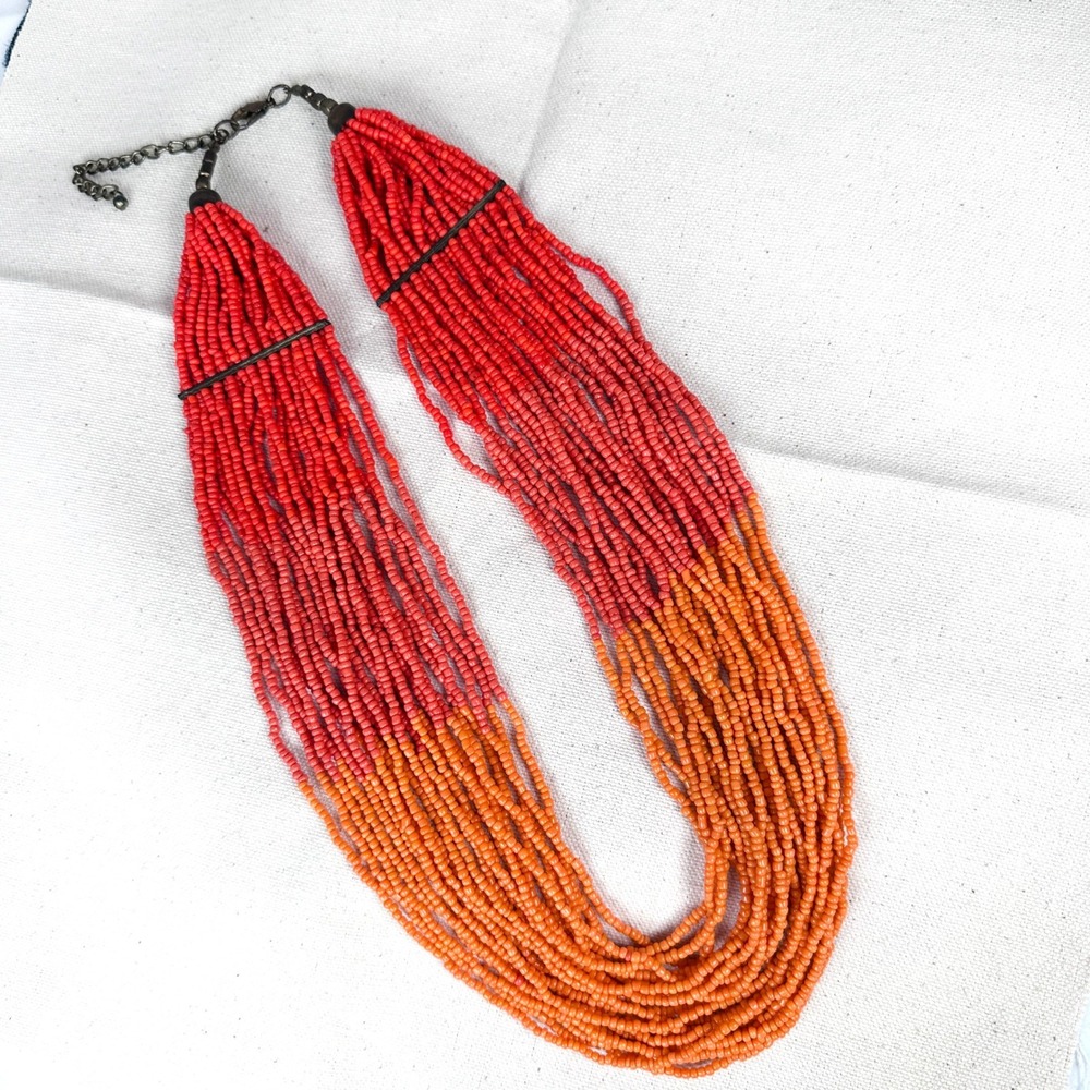 Southwestern Multi Strand Seed Bead Necklace 24‎ Strand Orange Coral Gradient